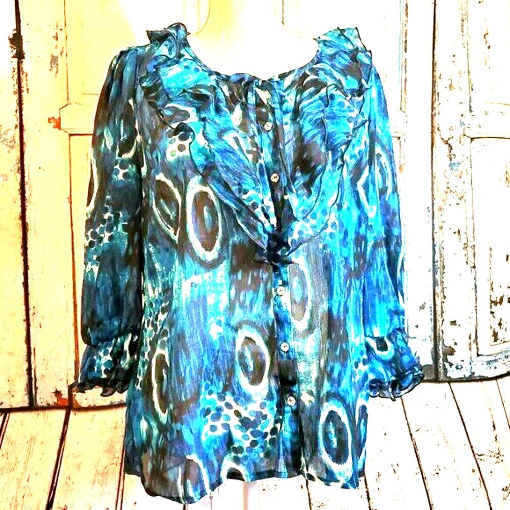 RHL Essentials Ruffled Top Size L Blue Sheer Color Pattern Button Classic Beauty